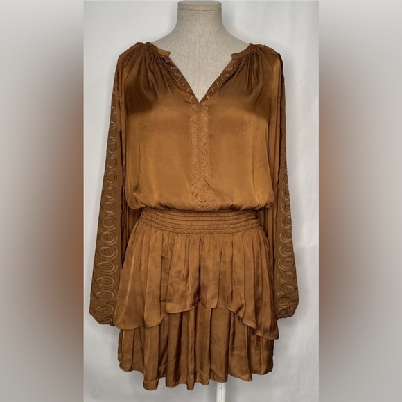 EUC Ramy Brook Smocked Metallic Mini Carmel Gathered Dress. Retail $548 - Picture 7 of 7
